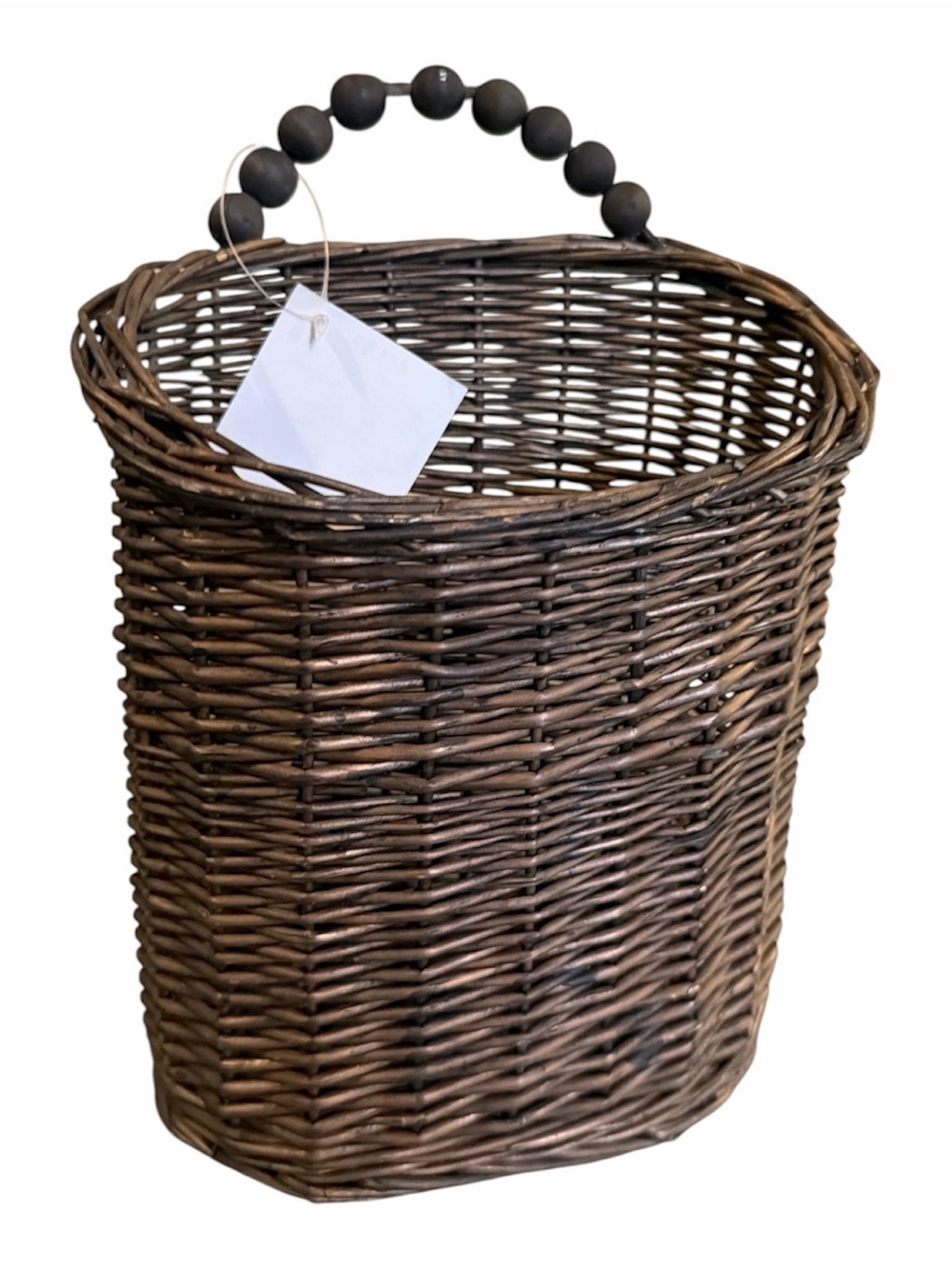 Handwoven Dark Brown Wicker Basket with Beaded Handle